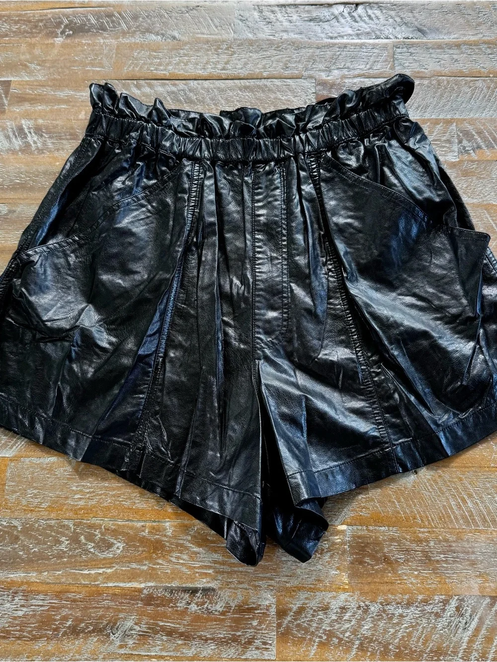 Free People Black Faux Leather Paperbag Waist High-Rise Shorts